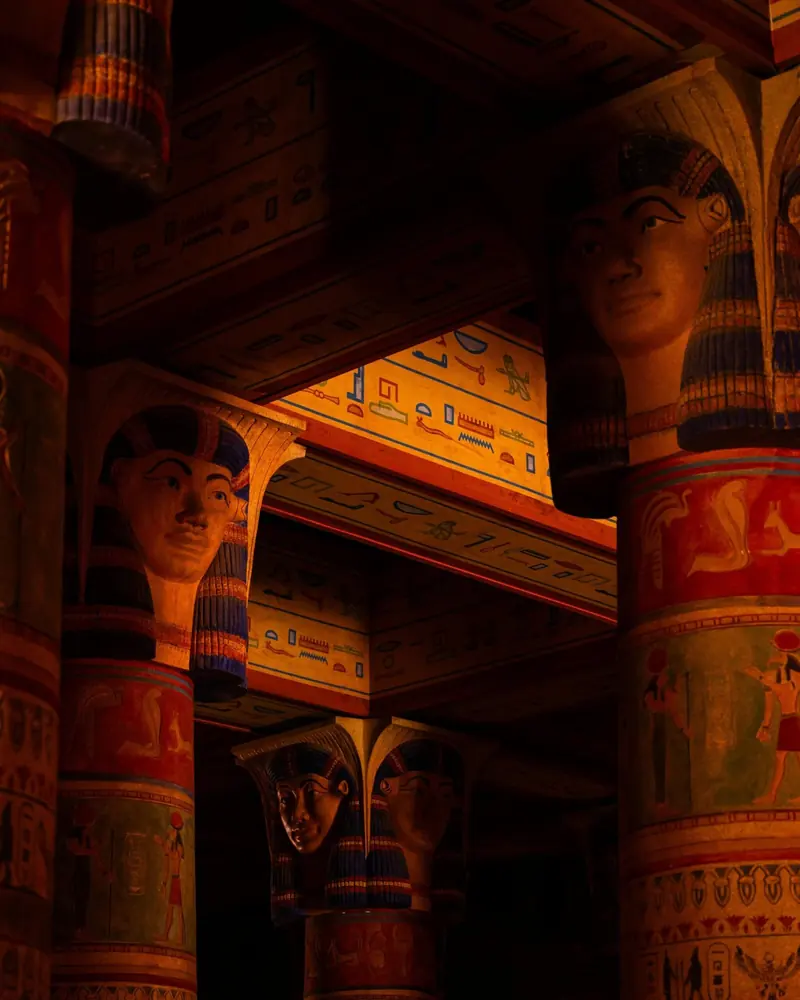 Painted columns of a film set in Ouarzazate