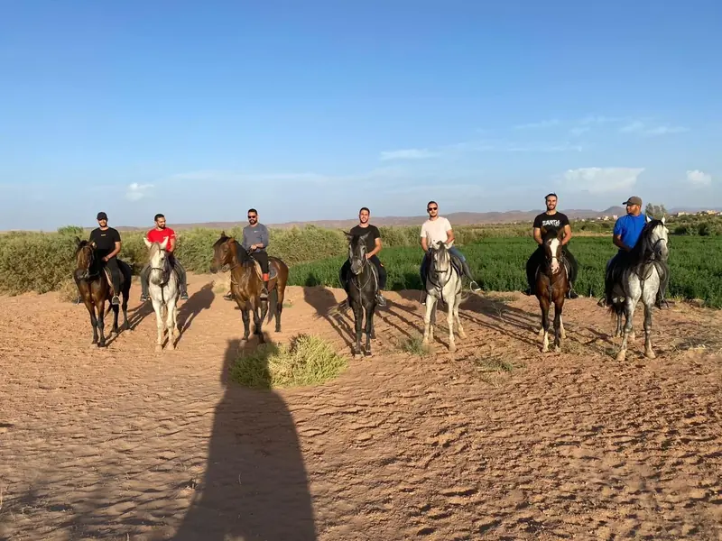 A line of riders on horseback in the desert