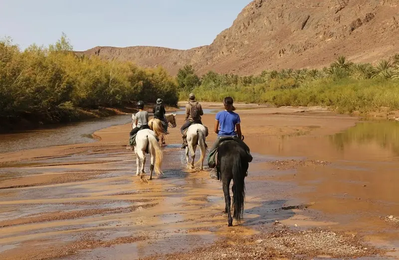 Riders following a shallow river between cliffs